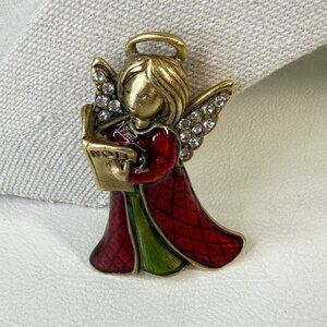 Angel Brooch Christmas Holiday Pin Rhinestone Wings Red & Green Enamel Gold-Tone